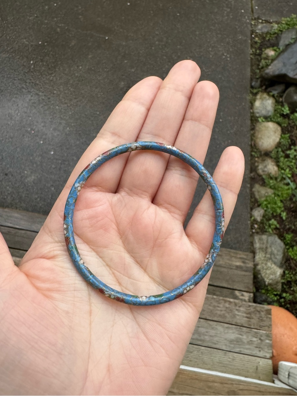 Vintage Cloisonné Bangle Bracelet - Blue w/ Gold Accents Floral Enamel on Brass